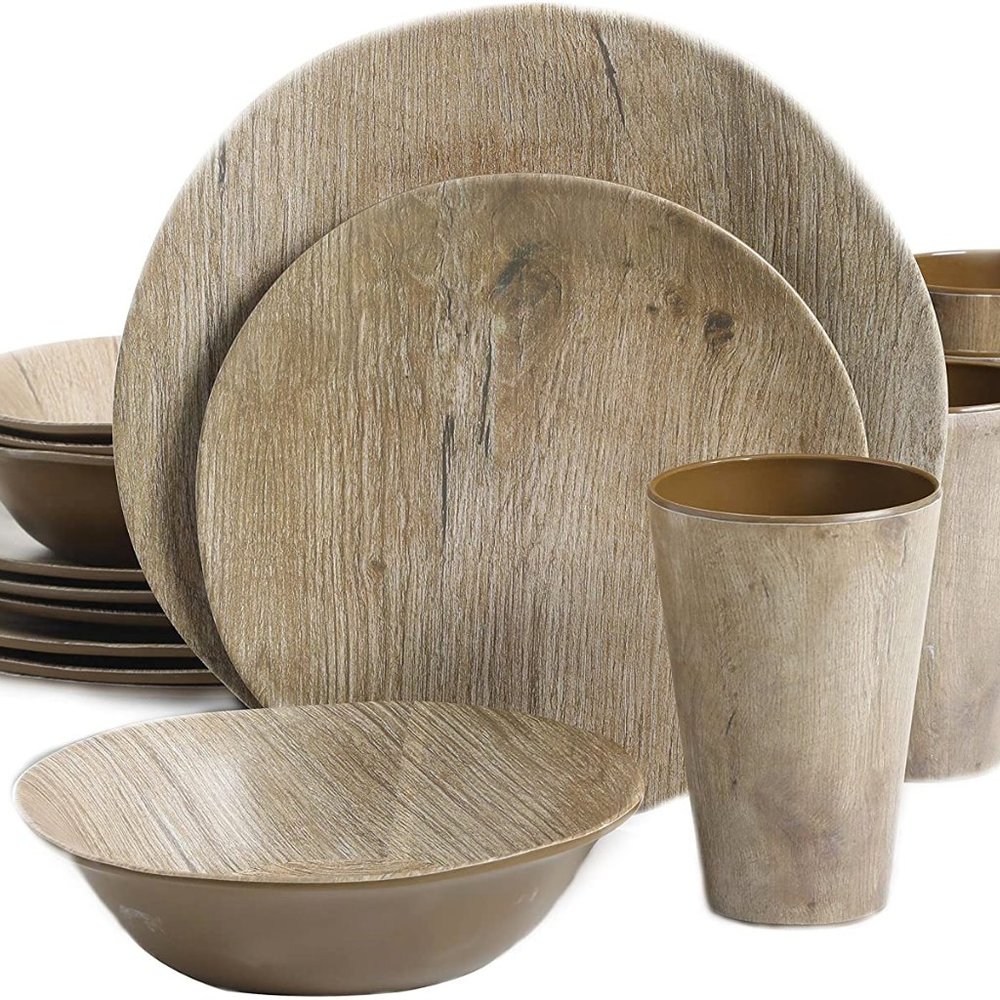 Gibson Home Woodlands Round Melamine Dinnerware Set, Service for 4 (16pcs) NIB